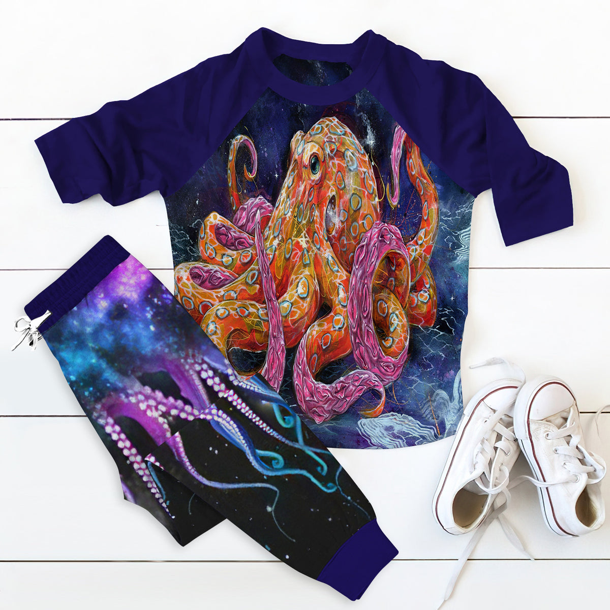 Octopus Galaxy Night Purple Nice Pajama Set |Sleepwear Pjs Sets | Raglan Shirt Pants Set