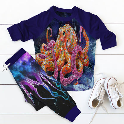Octopus Galaxy Night Purple Nice Pajama Set |Sleepwear Pjs Sets | Raglan Shirt Pants Set