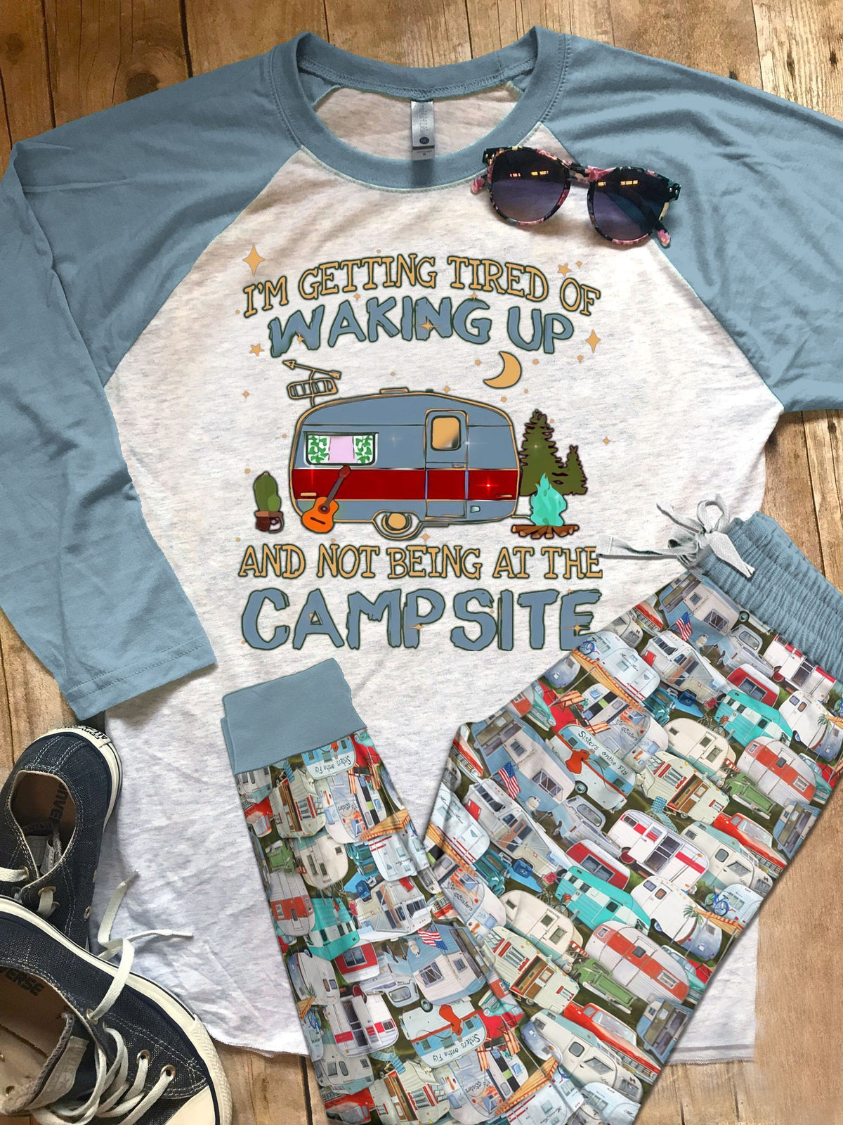 Camping Tired Of Waking Up Pajama Set |Sleepwear Pjs Sets | Raglan Shirt Pants Set