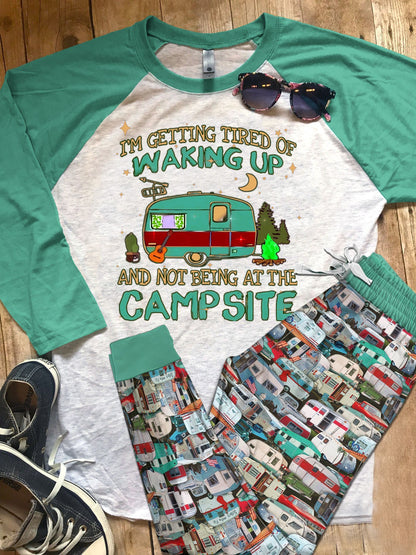 Camping Tired Of Waking Up Pajama Set |Sleepwear Pjs Sets | Raglan Shirt Pants Set
