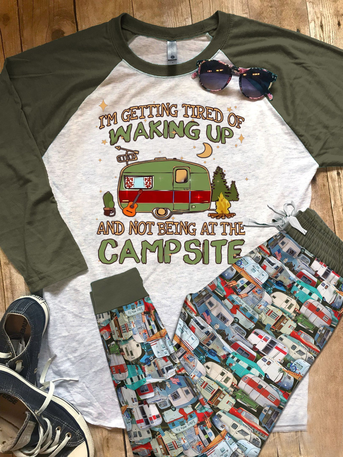 Camping Tired Of Waking Up Pajama Set |Sleepwear Pjs Sets | Raglan Shirt Pants Set