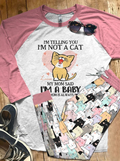 Cat Im Telling You I M Not A Cat Pink Good Pajama Set |Sleepwear Pjs Sets | Raglan Shirt Pants Set