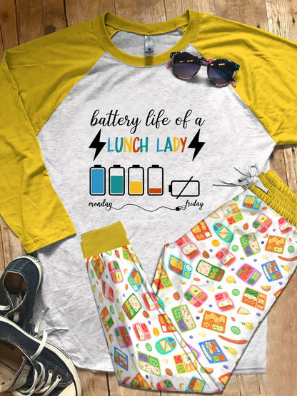 Lunch Lady Battery Life Of A Lunch Lady Yellow Pajama Set |Sleepwear Pjs Sets | Raglan Shirt Pants Set