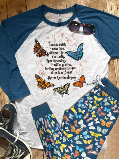 Whisper To A Butterfly Blue Good Quality Pajama Set |Sleepwear Pjs Sets | Raglan Shirt Pants Set
