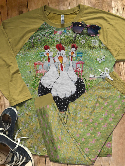 Chicken Green Nice Pajama Set |Sleepwear Pjs Sets | Raglan Shirt Pants Set