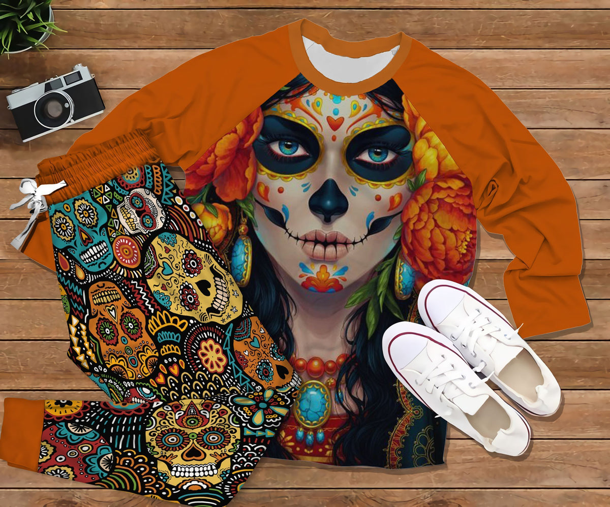 Day Of The Dead Girl Pajama Set |Sleepwear Pjs Sets | Raglan Shirt Pants Set