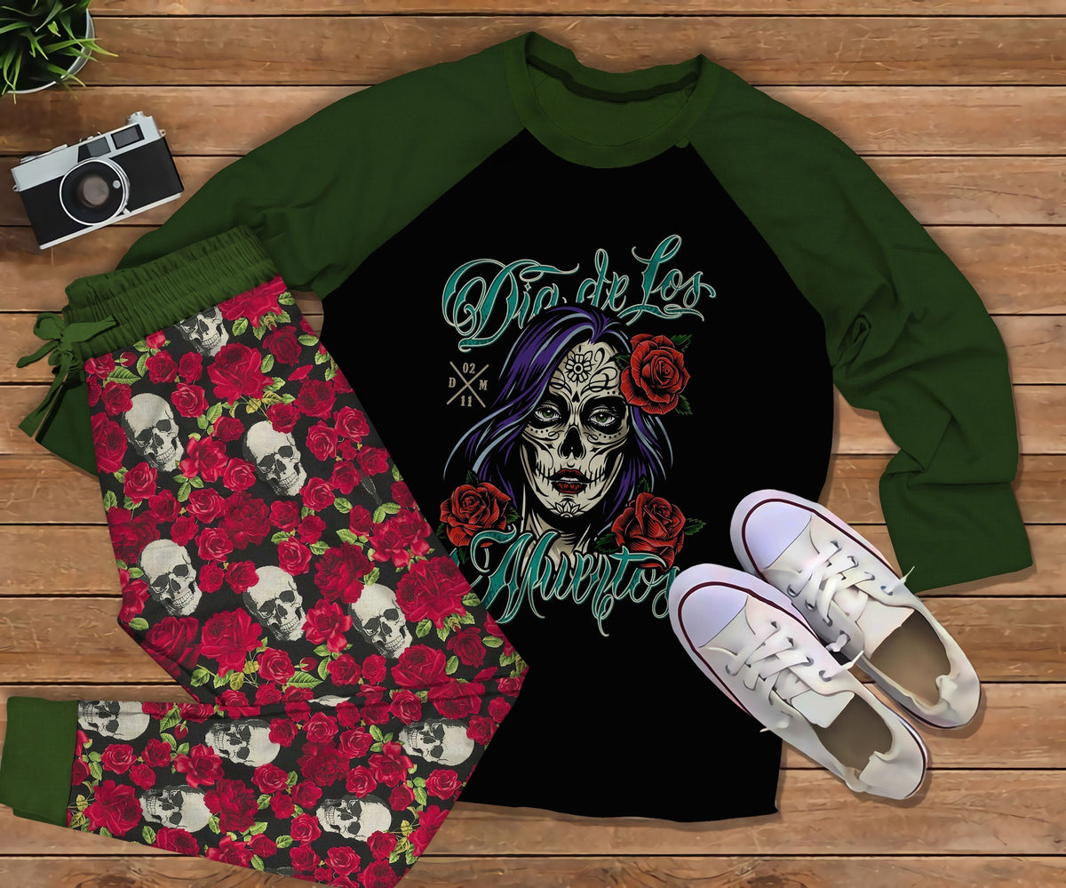 Day Of The Dead Cool Girl Pajama Set |Sleepwear Pjs Sets | Raglan Shirt Pants Set