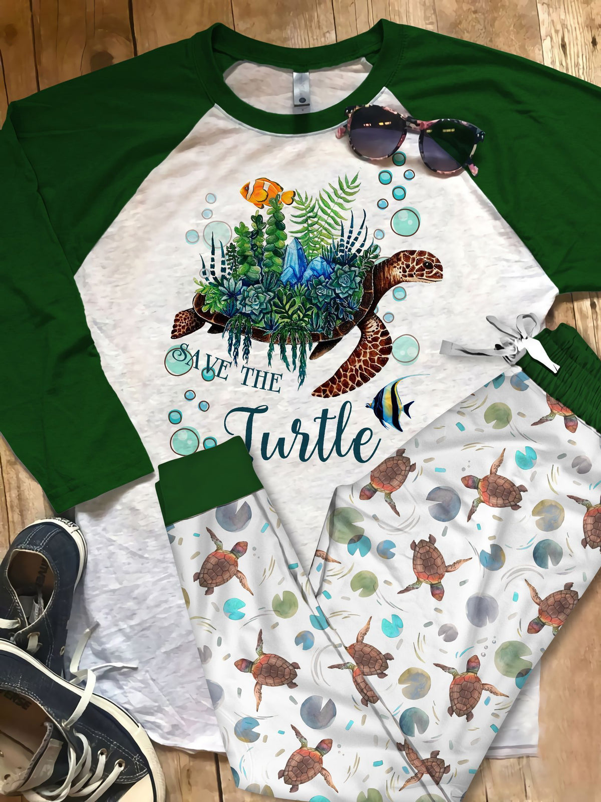Sea Turle Save The Turtle Pajama Set |Sleepwear Pjs Sets | Raglan Shirt Pants Set