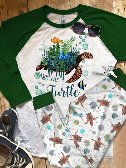 Sea Turle Save The Turtle Pajama Set |Sleepwear Pjs Sets | Raglan Shirt Pants Set