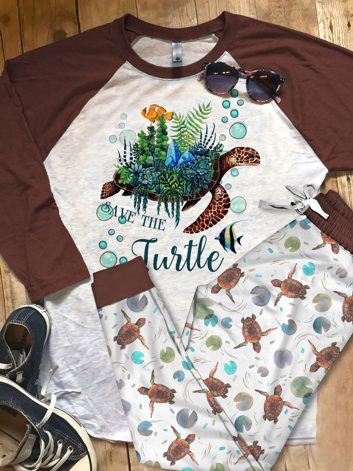 Sea Turle Save The Turtle Pajama Set |Sleepwear Pjs Sets | Raglan Shirt Pants Set