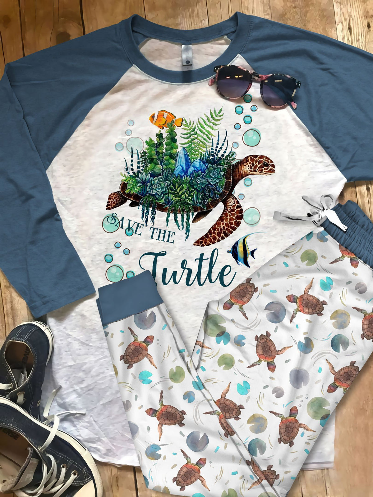 Sea Turle Save The Turtle Pajama Set |Sleepwear Pjs Sets | Raglan Shirt Pants Set
