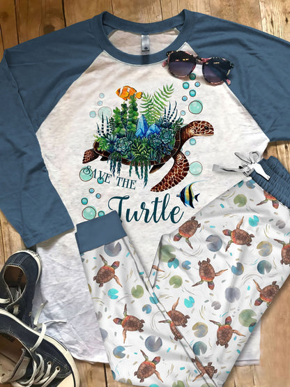 Sea Turle Save The Turtle Pajama Set |Sleepwear Pjs Sets | Raglan Shirt Pants Set
