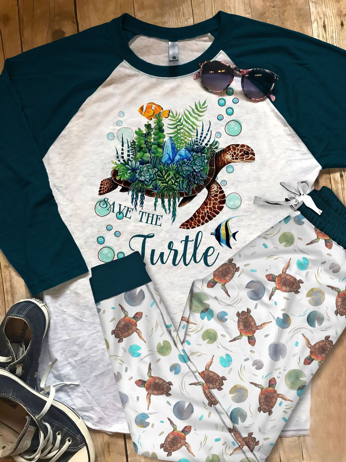 Sea Turle Save The Turtle Pajama Set |Sleepwear Pjs Sets | Raglan Shirt Pants Set