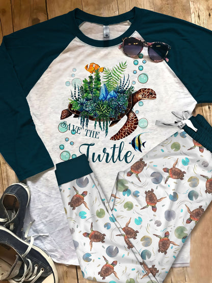 Sea Turle Save The Turtle Pajama Set |Sleepwear Pjs Sets | Raglan Shirt Pants Set