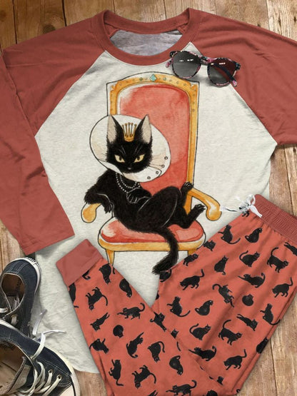 Black Cat Set Serve Me Human Pajama Set |Sleepwear Pjs Sets | Raglan Shirt Pants Set