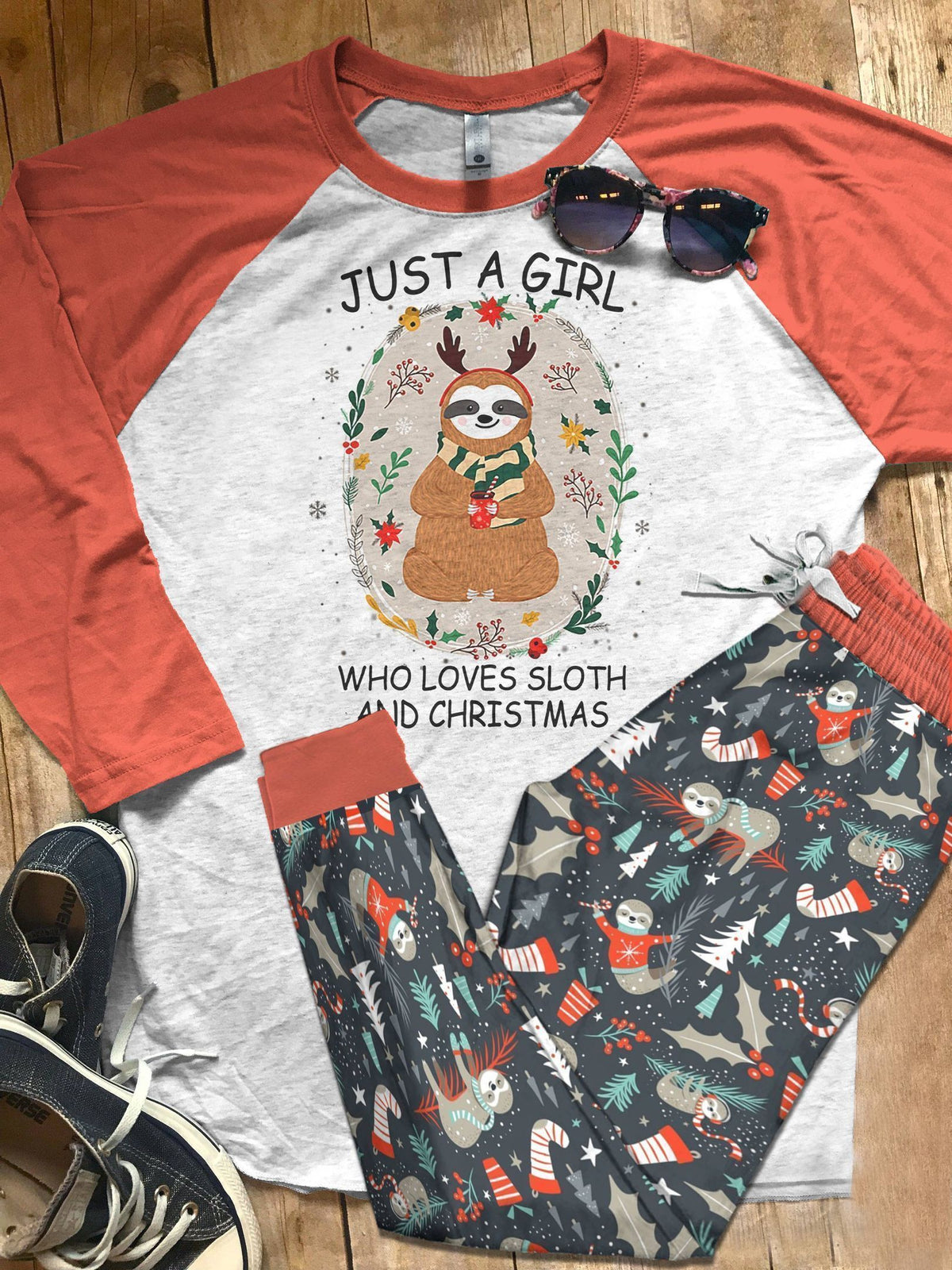 Sloth Just A Girl Who Loves Sloth Orange Good Pajama Set |Sleepwear Pjs Sets | Raglan Shirt Pants Set