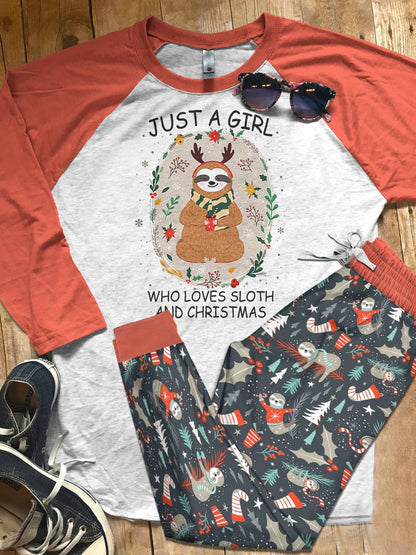 Sloth Just A Girl Who Loves Sloth Orange Good Pajama Set |Sleepwear Pjs Sets | Raglan Shirt Pants Set