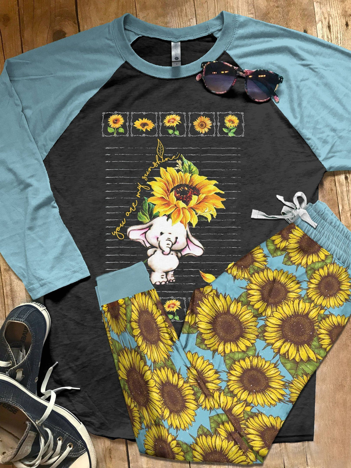 Elephant Blue Amazing Pajama Set |Sleepwear Pjs Sets | Raglan Shirt Pants Set