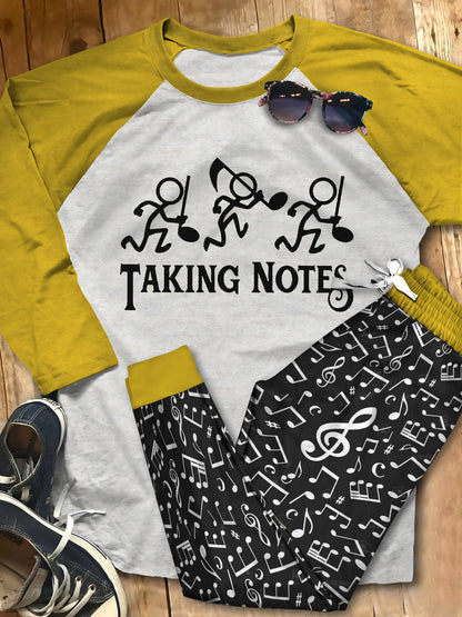 Music Taking Notes Pajama Set |Sleepwear Pjs Sets | Raglan Shirt Pants Set