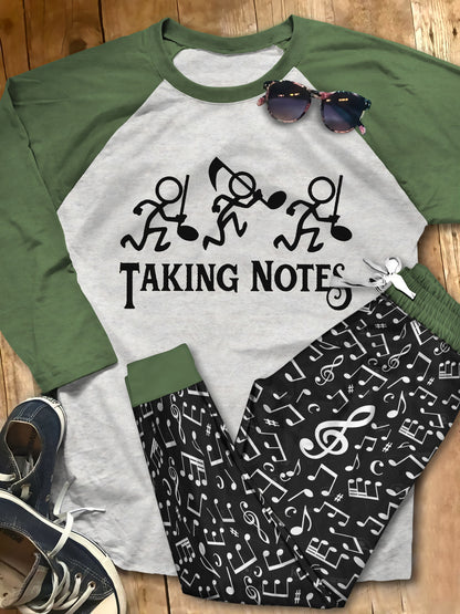 Music Taking Notes Pajama Set |Sleepwear Pjs Sets | Raglan Shirt Pants Set