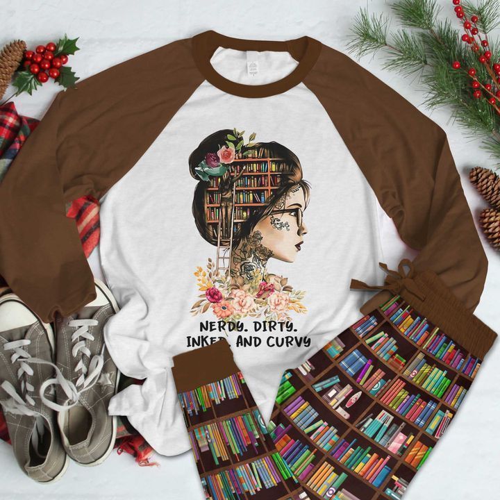 Book Just A Girl Who Love Books Brown Amazing Pajama Set |Sleepwear Pjs Sets | Raglan Shirt Pants Set