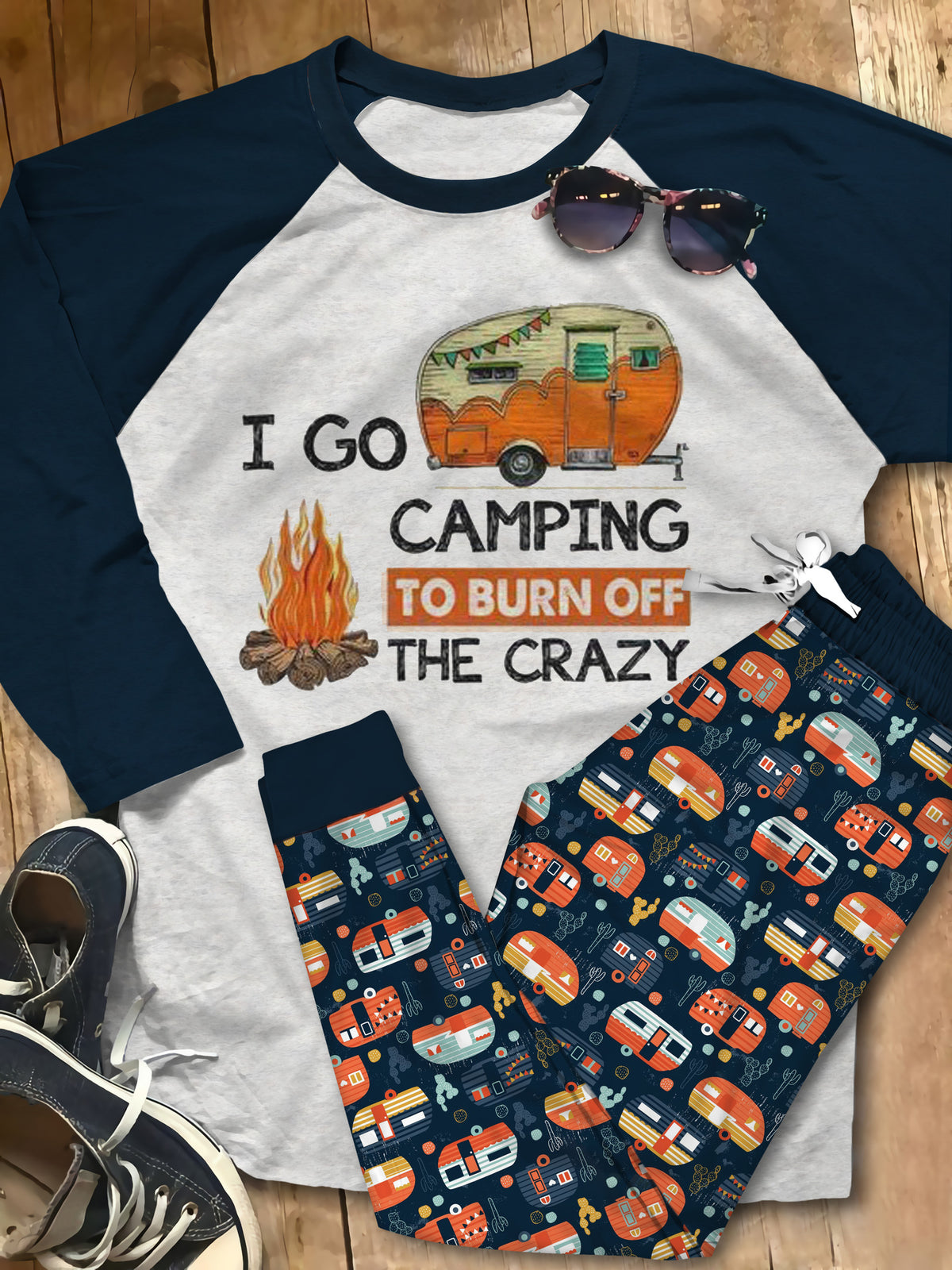 Camping I Go Camping To Burn Offe Crazy Orange Nice Pajama Set |Sleepwear Pjs Sets | Raglan Shirt Pants Set