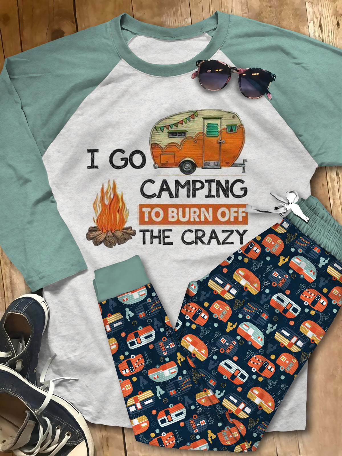 Camping I Go Camping To Burn Offe Crazy Orange Nice Pajama Set |Sleepwear Pjs Sets | Raglan Shirt Pants Set