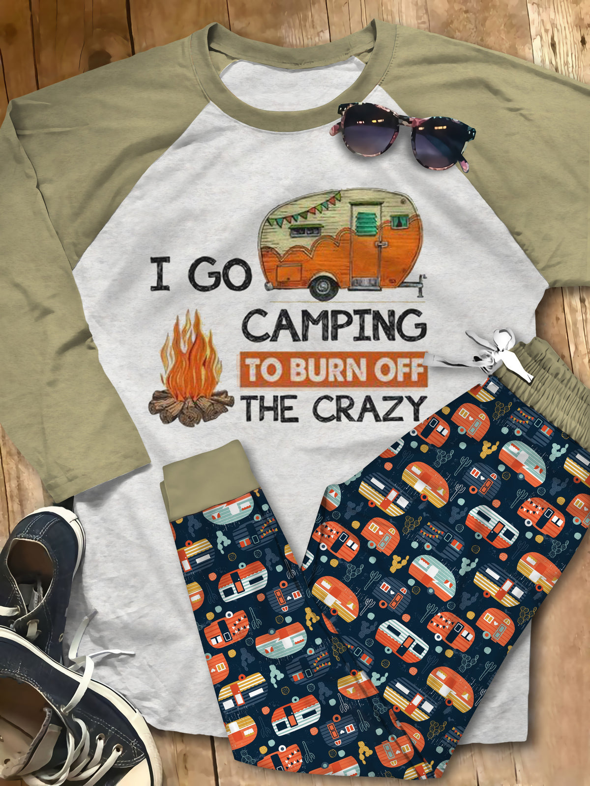 Camping I Go Camping To Burn Offe Crazy Orange Nice Pajama Set |Sleepwear Pjs Sets | Raglan Shirt Pants Set