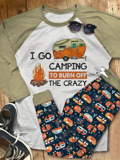 Camping I Go Camping To Burn Offe Crazy Orange Nice Pajama Set |Sleepwear Pjs Sets | Raglan Shirt Pants Set