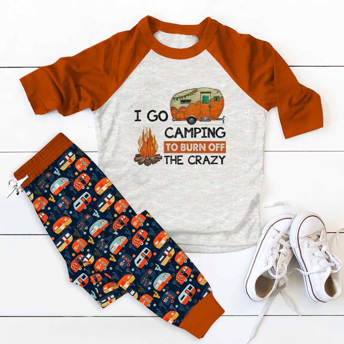 Camping I Go Camping To Burn Offe Crazy Orange Nice Pajama Set |Sleepwear Pjs Sets | Raglan Shirt Pants Set