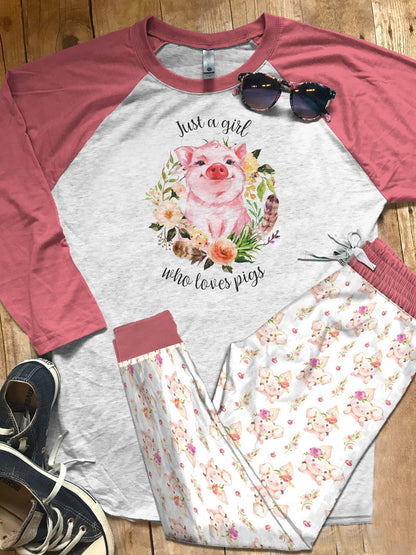 Pig Set Just A Girl Who Loves Pigs Pajama Set |Sleepwear Pjs Sets | Raglan Shirt Pants Set