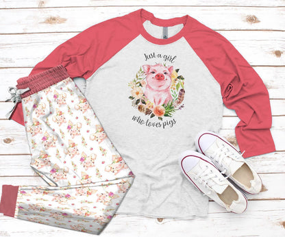 Pig Set Just A Girl Who Loves Pigs Pajama Set |Sleepwear Pjs Sets | Raglan Shirt Pants Set