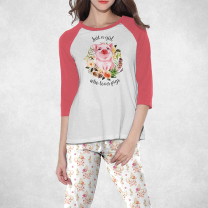 Pig Set Just A Girl Who Loves Pigs Pajama Set |Sleepwear Pjs Sets | Raglan Shirt Pants Set