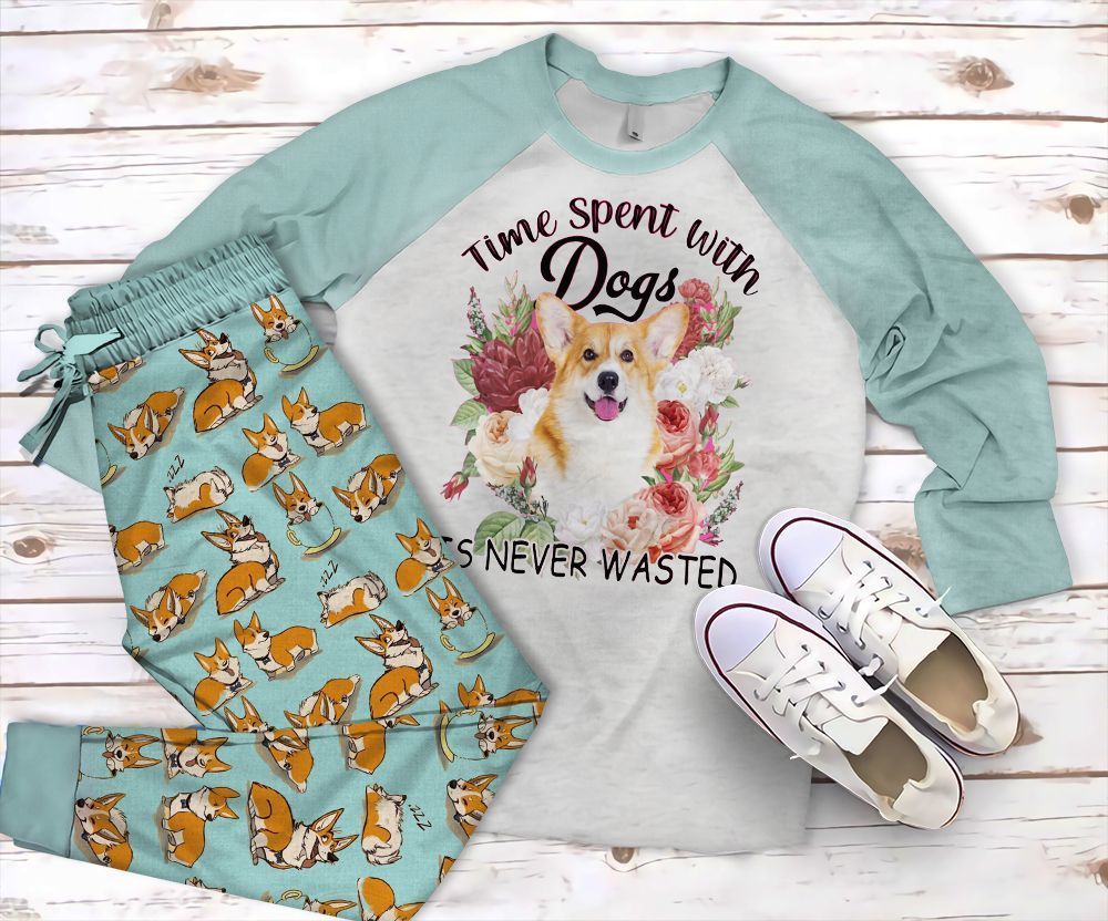 Corgi Never Wasted Pajama Set |Sleepwear Pjs Sets | Raglan Shirt Pants Set