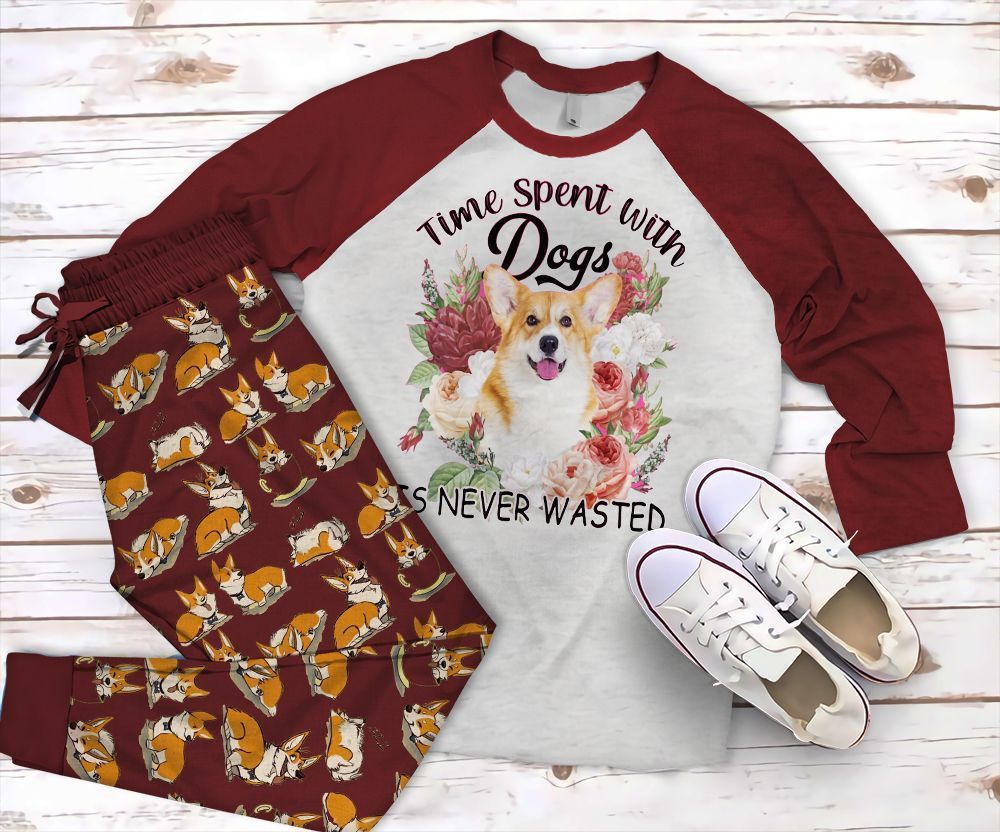 Corgi Never Wasted Pajama Set |Sleepwear Pjs Sets | Raglan Shirt Pants Set