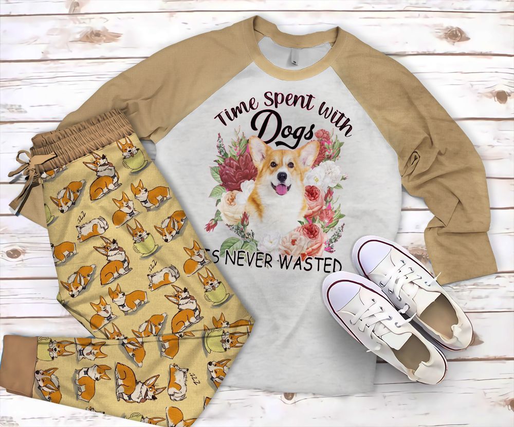 Corgi Never Wasted Pajama Set |Sleepwear Pjs Sets | Raglan Shirt Pants Set