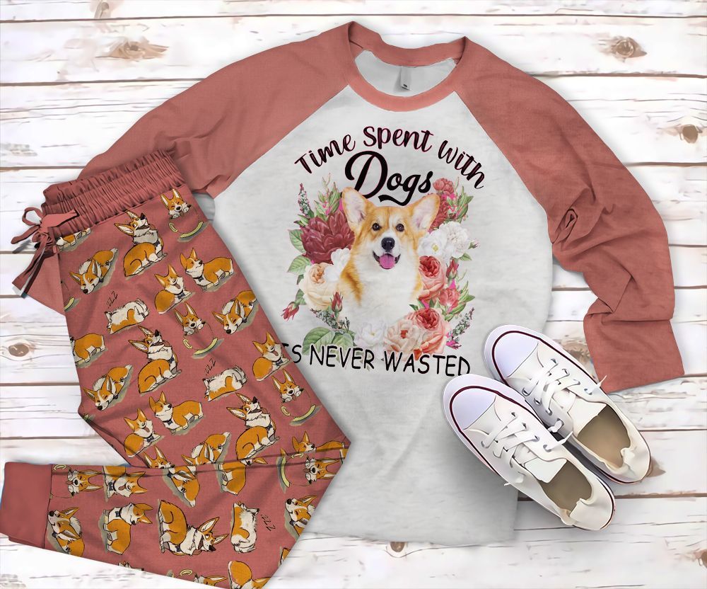 Corgi Never Wasted Pajama Set |Sleepwear Pjs Sets | Raglan Shirt Pants Set