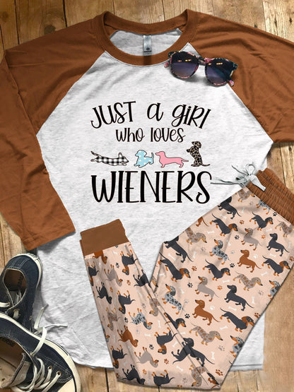 Dachshund Set Just A Girl Who Loves Wieners Pajama Set |Sleepwear Pjs Sets | Raglan Shirt Pants Set