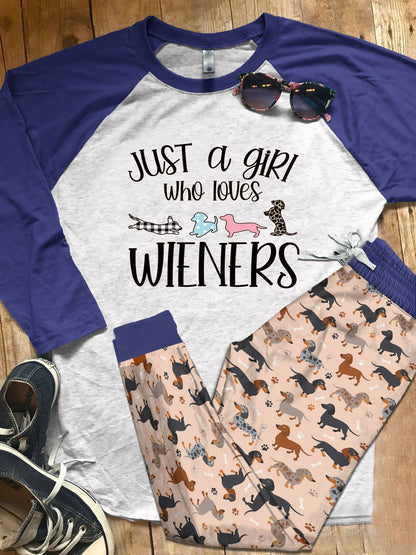 Dachshund Set Just A Girl Who Loves Wieners Pajama Set |Sleepwear Pjs Sets | Raglan Shirt Pants Set