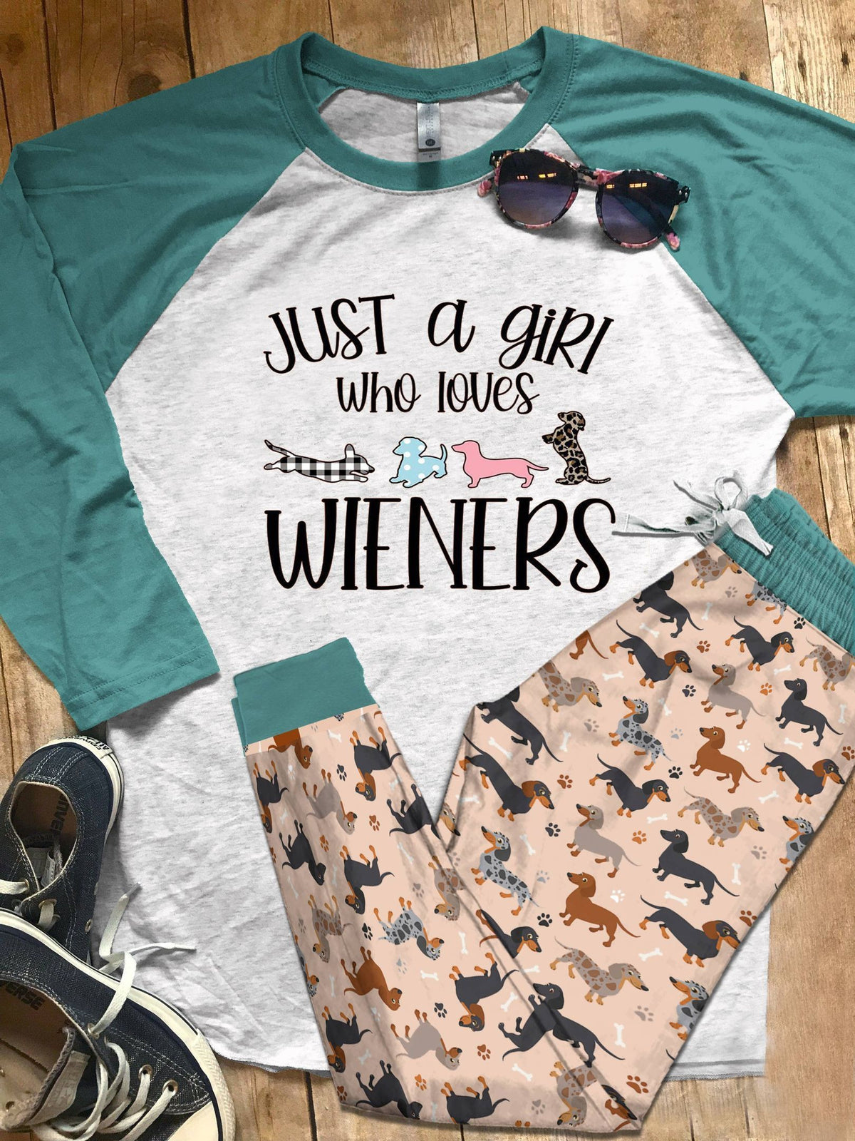 Dachshund Set Just A Girl Who Loves Wieners Pajama Set |Sleepwear Pjs Sets | Raglan Shirt Pants Set