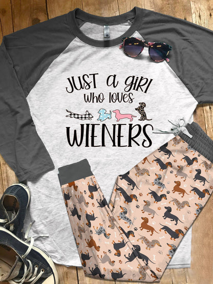 Dachshund Set Just A Girl Who Loves Wieners Pajama Set |Sleepwear Pjs Sets | Raglan Shirt Pants Set