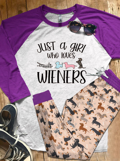Dachshund Set Just A Girl Who Loves Wieners Pajama Set |Sleepwear Pjs Sets | Raglan Shirt Pants Set