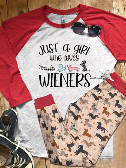 Dachshund Set Just A Girl Who Loves Wieners Pajama Set |Sleepwear Pjs Sets | Raglan Shirt Pants Set