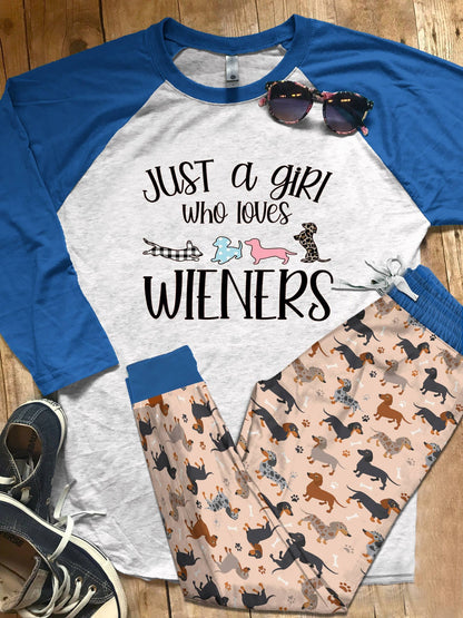 Dachshund Set Just A Girl Who Loves Wieners Pajama Set |Sleepwear Pjs Sets | Raglan Shirt Pants Set