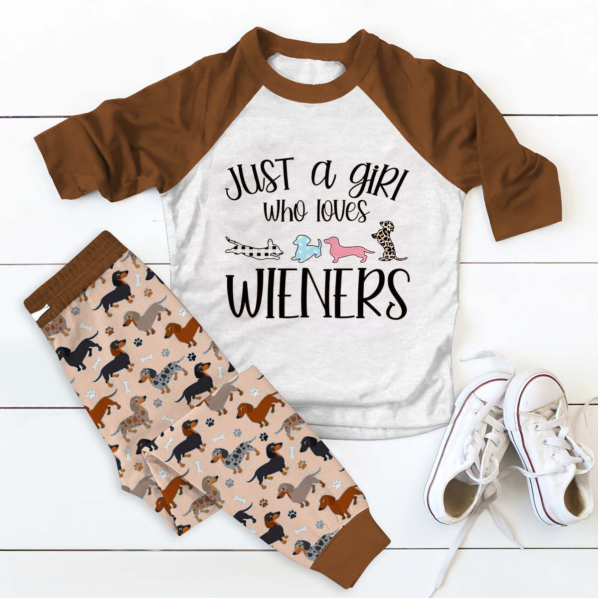 Dachshund Set Just A Girl Who Loves Wieners Pajama Set |Sleepwear Pjs Sets | Raglan Shirt Pants Set
