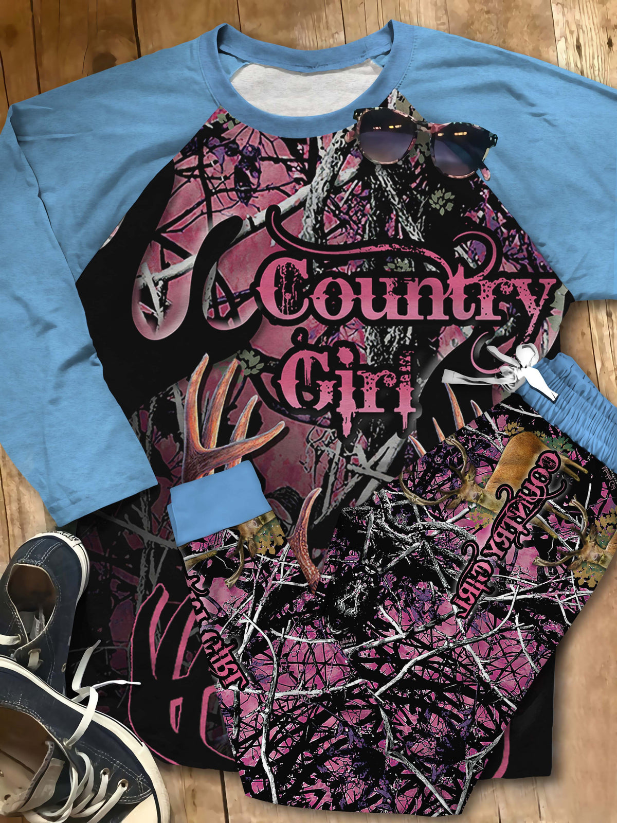 Deer Hunting Country Girl Pajama Set |Sleepwear Pjs Sets | Raglan Shirt Pants Set