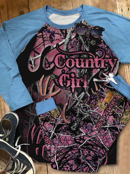 Deer Hunting Country Girl Pajama Set |Sleepwear Pjs Sets | Raglan Shirt Pants Set