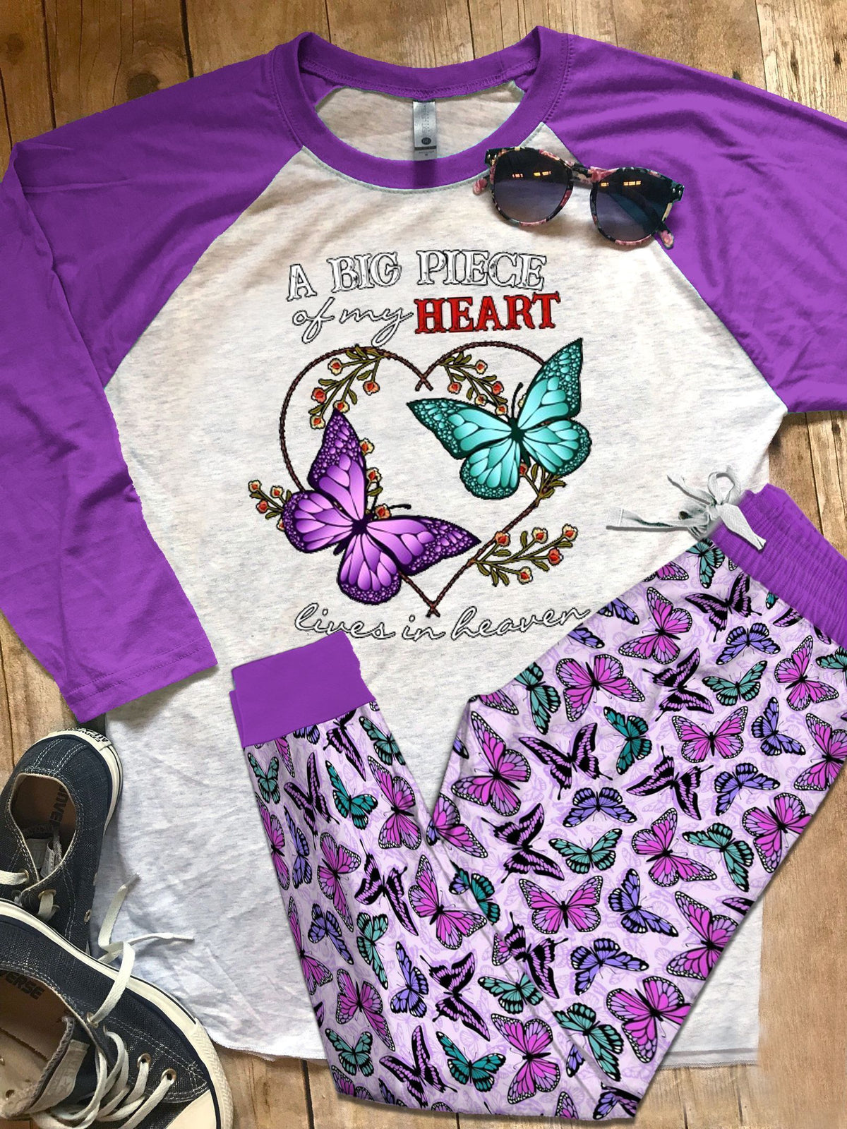 Butterfly Purple High Quality Pajama Set |Sleepwear Pjs Sets | Raglan Shirt Pants Set