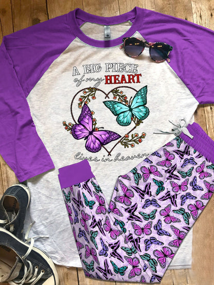 Butterfly Purple High Quality Pajama Set |Sleepwear Pjs Sets | Raglan Shirt Pants Set