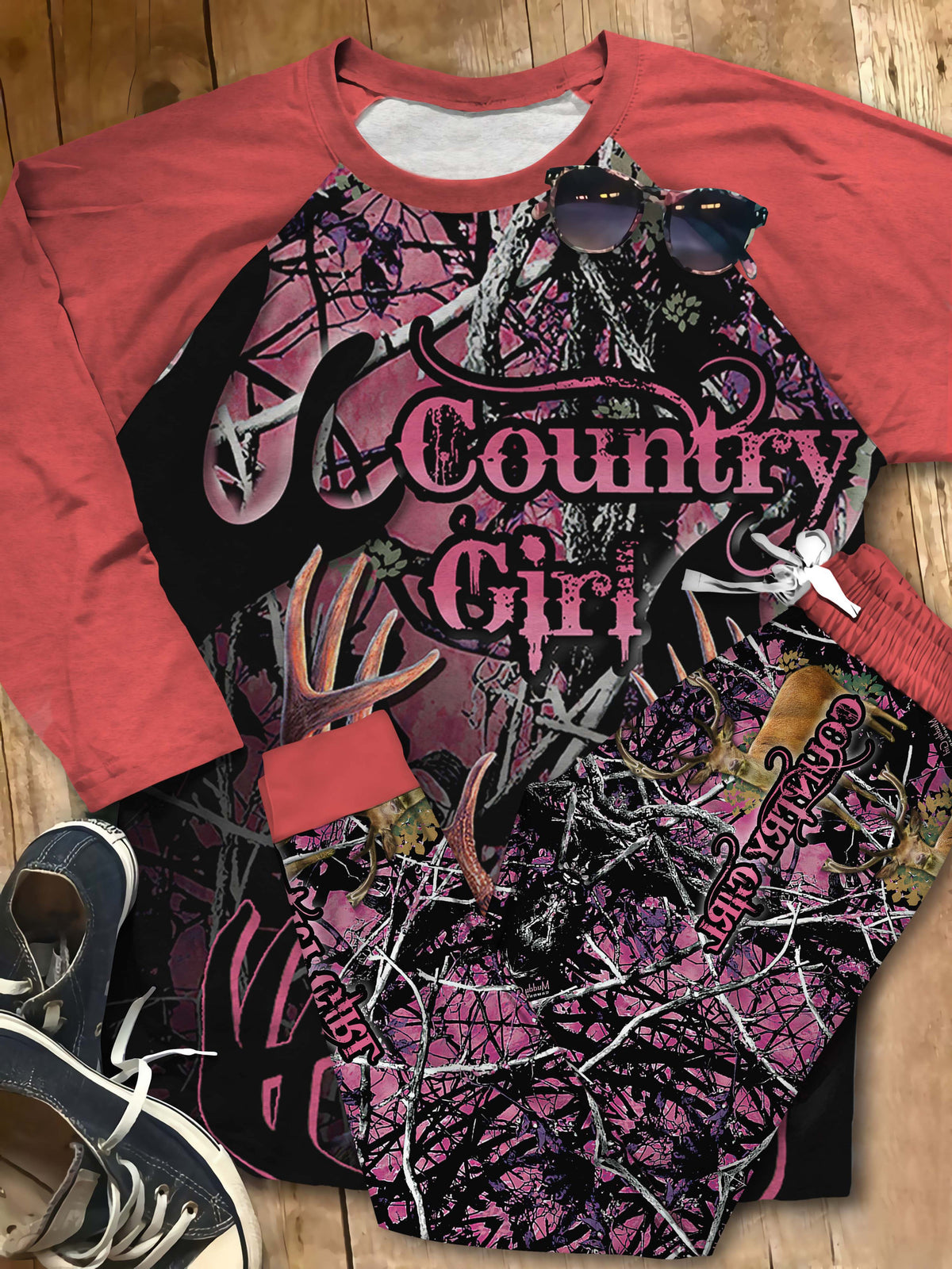 Deer Hunting Country Girl Pajama Set |Sleepwear Pjs Sets | Raglan Shirt Pants Set